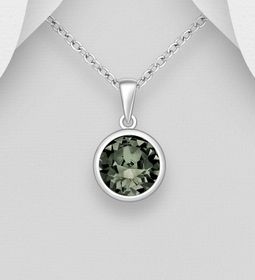 Silverhalsband Rund svartgrå kristall - äkta 925 sterling silver