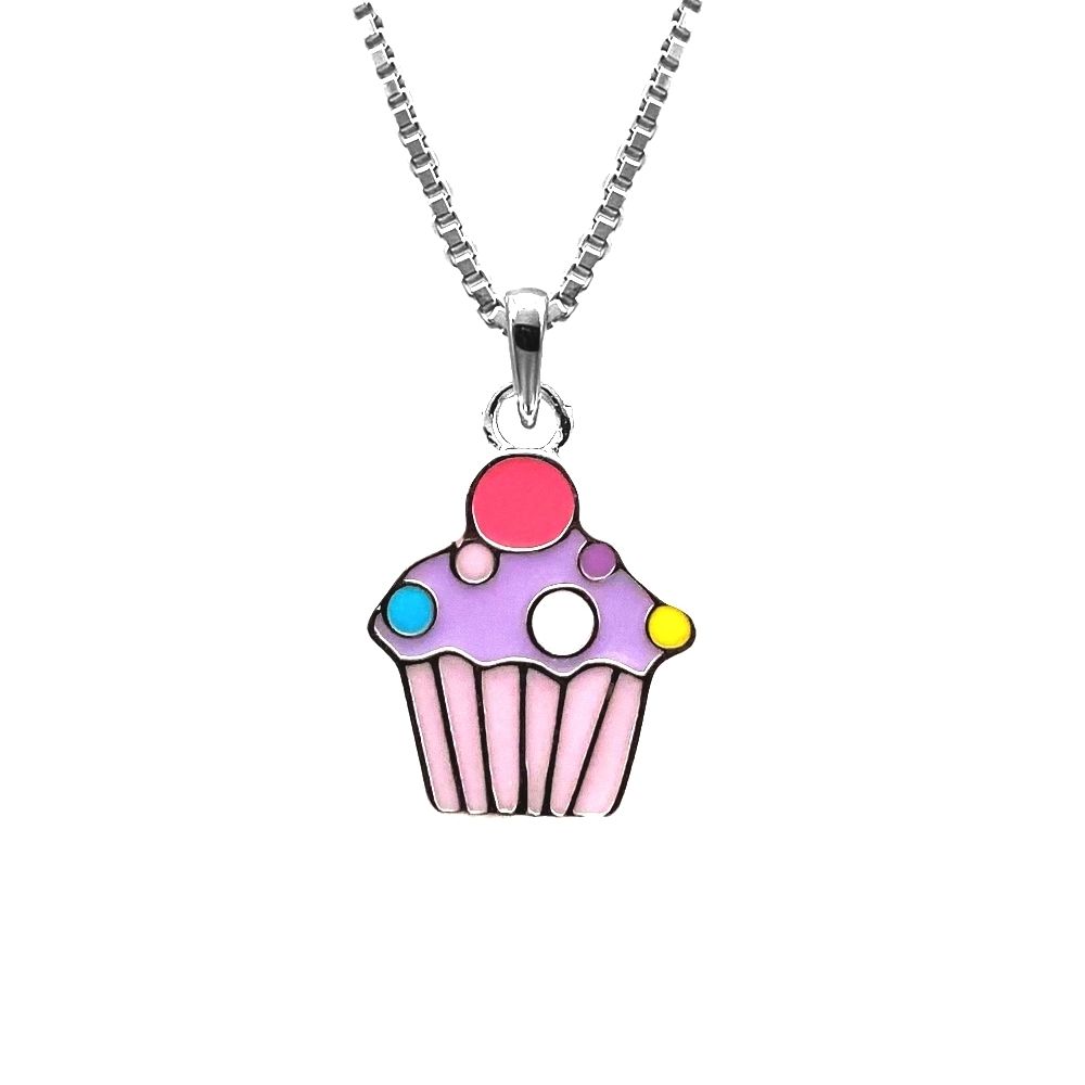 Barnhalsband i silver - söt lila Cupcake i äkta 925 silver