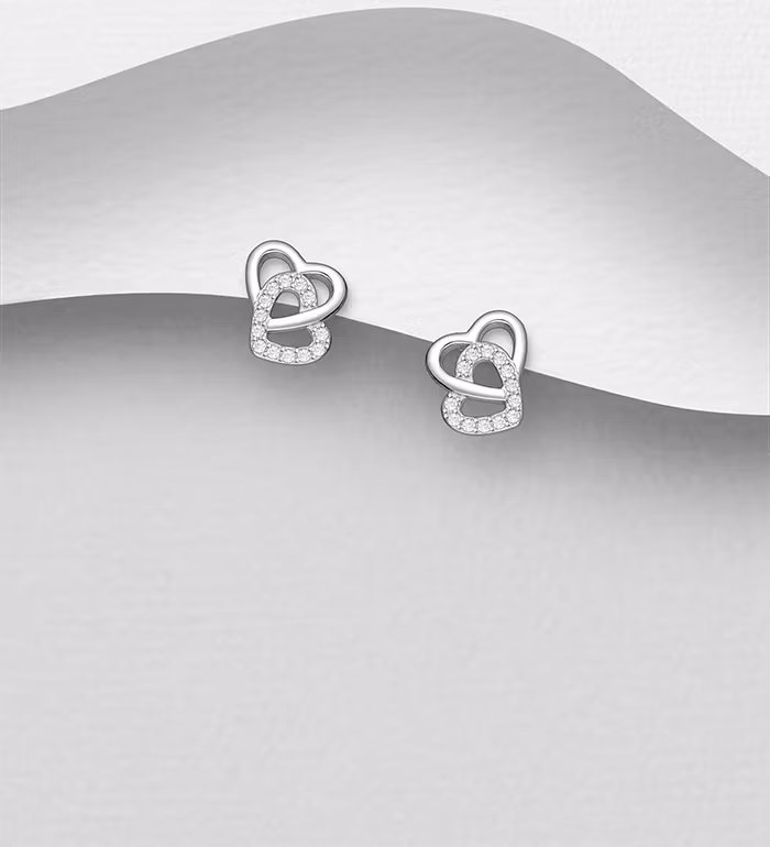 Silverörhängen studs - dubbla Hjärtan med cubic stenar