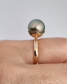 Miss Seagrass & Pink Champagne - 18K guldring med Tahitipärla och rosa briljanter