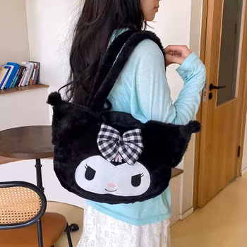 Elegant Kuromi Axelremsväska med Rutig Rosett