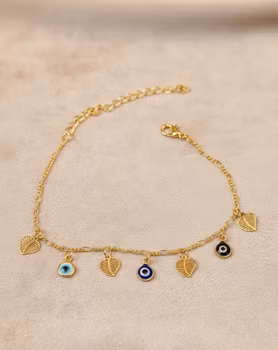 Gyllene Fotlänk med Evil Eye & Löv