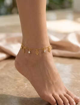 Guldglimrande Fotlänk med Löv & Kristaller