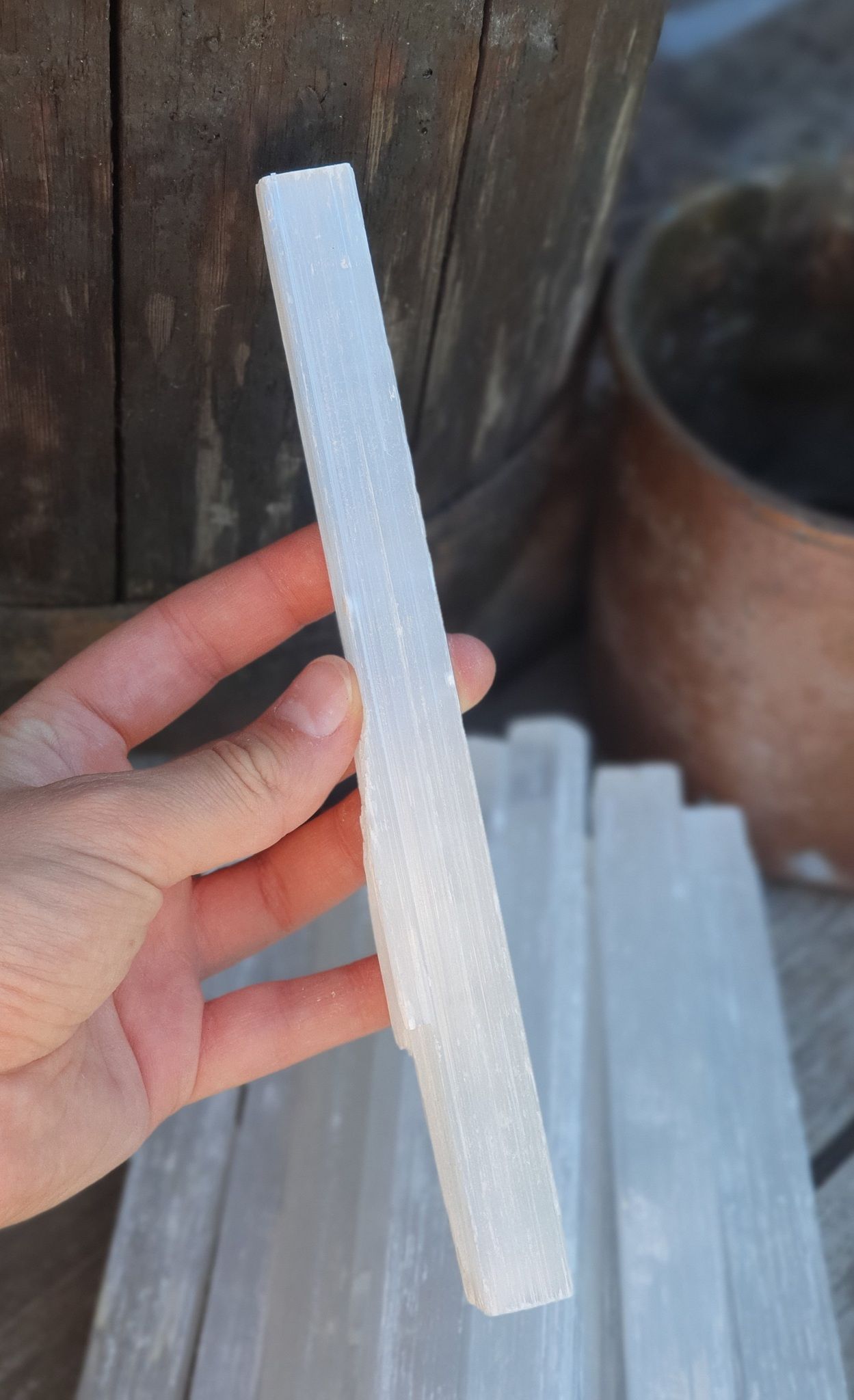 Vit Selenit, extra stor rå stav 20 cm
