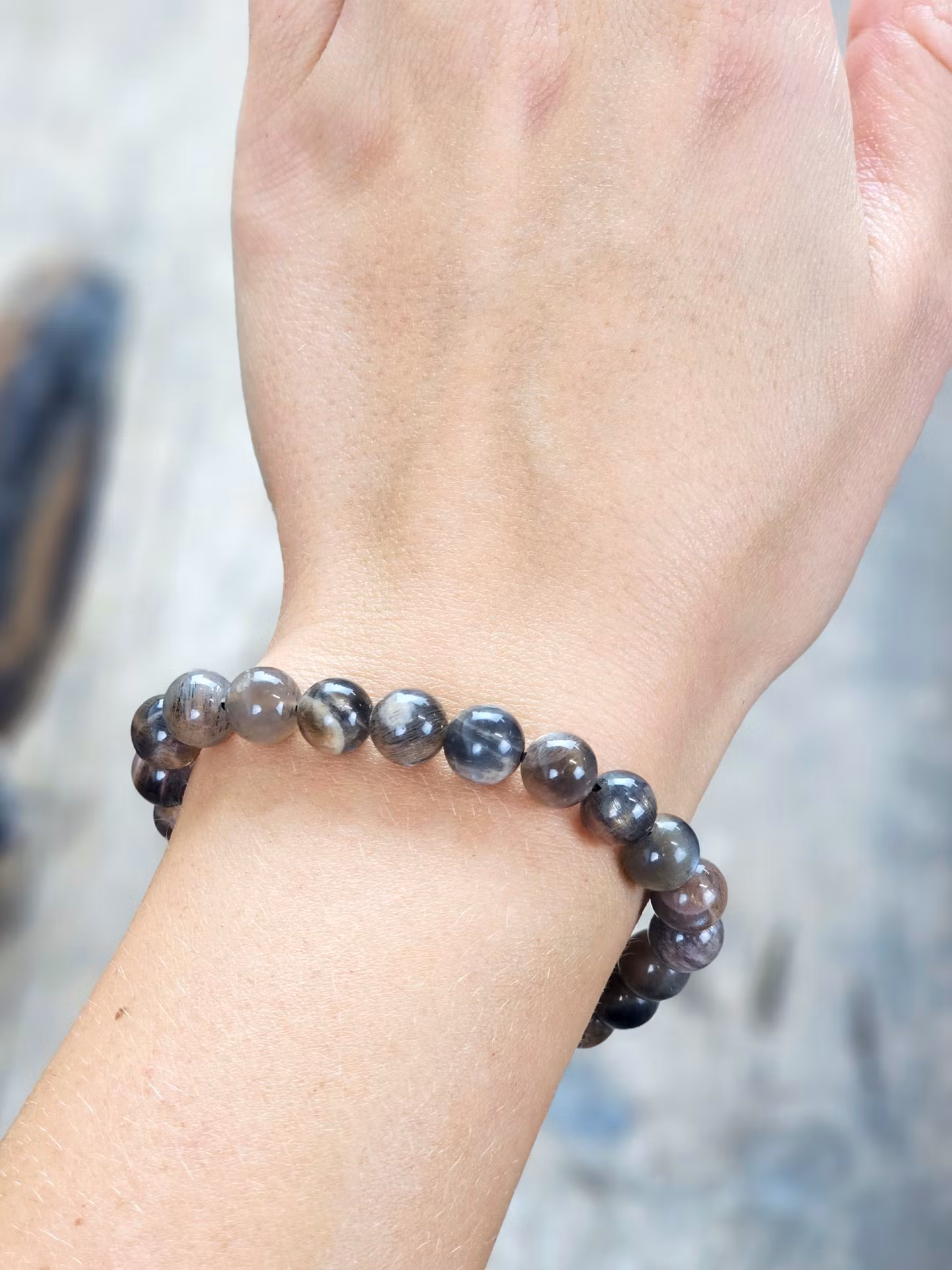 Svart Månsten, armband 8mm runda pärlor