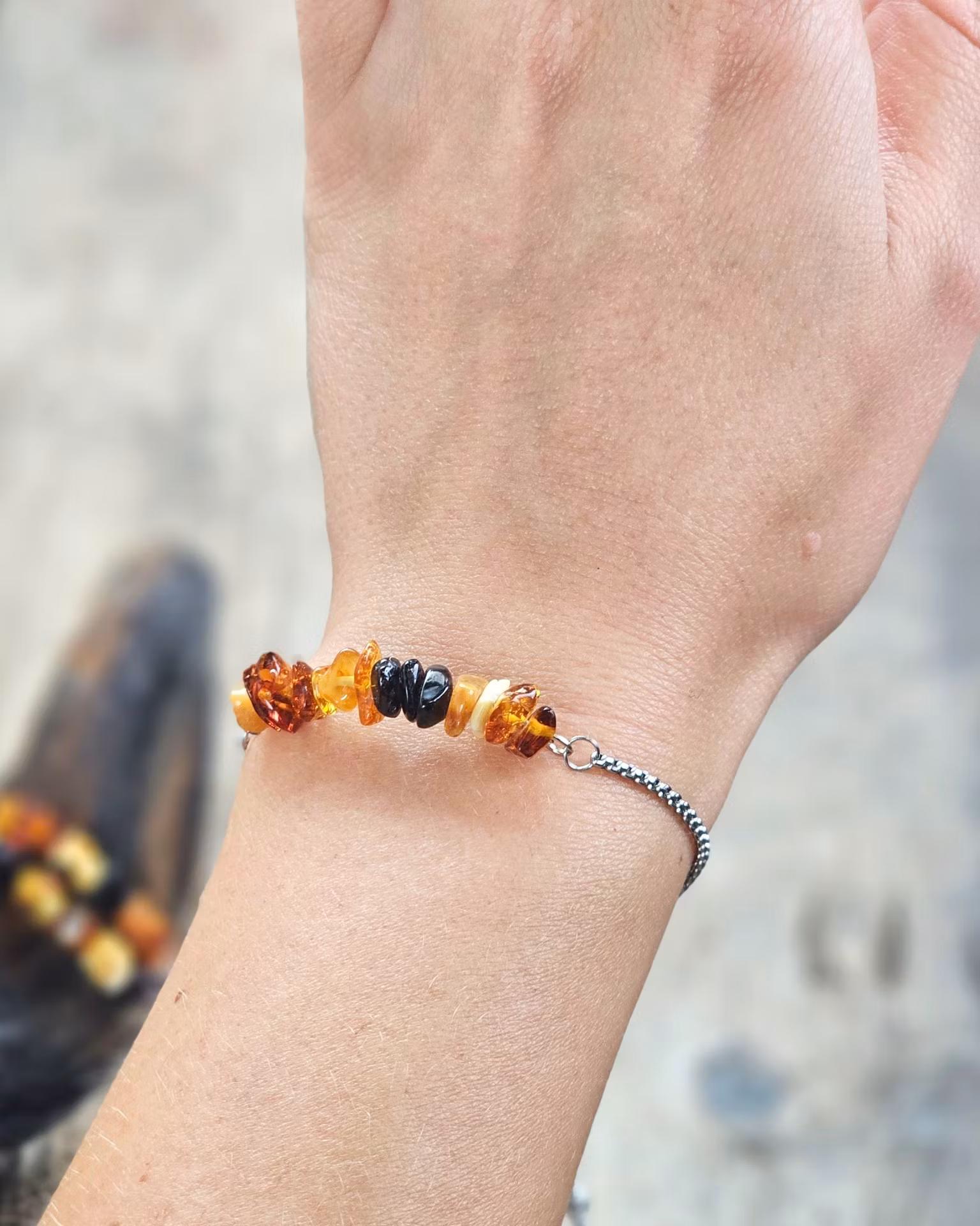 Bärnsten mix, justerbart armband rostfritt stål