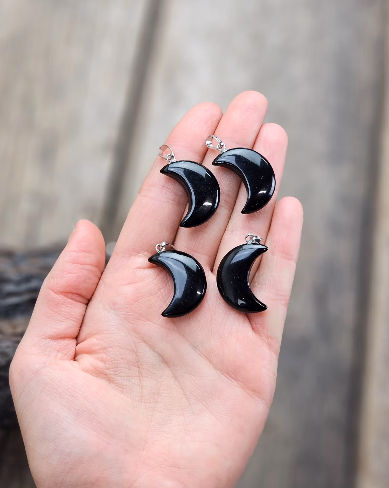 Stor Måne Svart Obsidian, silverpläterat hänge