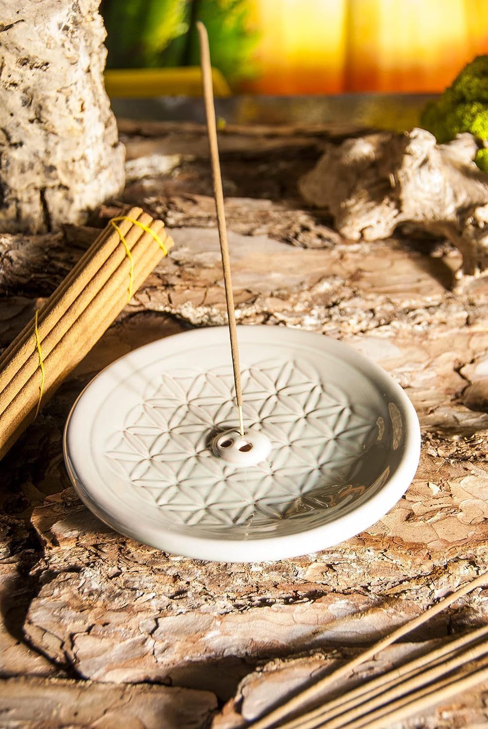Rökelsehållare i keramik, Flower Of Life rund grå
