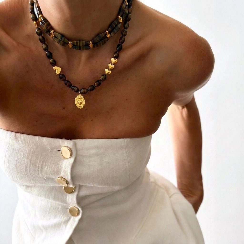 Golden Hour-brunt halsband med glaspärlor – hjärtdetaljer i guld