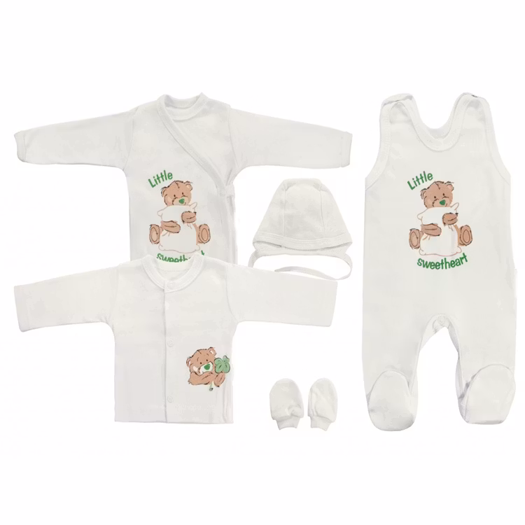 Beige startpaket i 5 delar med nallemotiv och texten Little Sweetheart