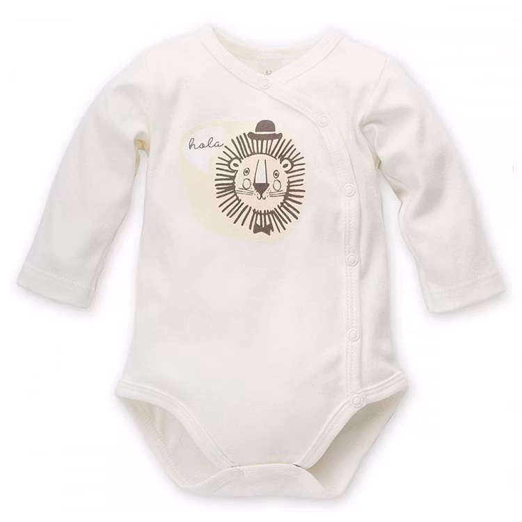 Beige lyxig långärmad body med lejonmotiv och texten hola