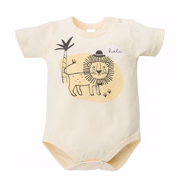 Beige lyxig kortärmad body med lejonmotiv och texten hola