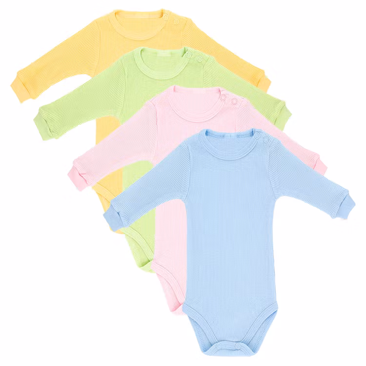 Fyra långärmade ribbade bodies i färgerna blå rosa grön och gul