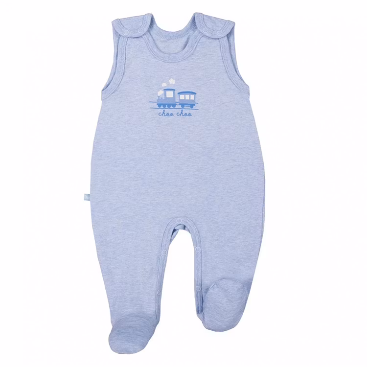 Blå ärmlös sparkdräkt med tågmotiv- Tiny Blue
