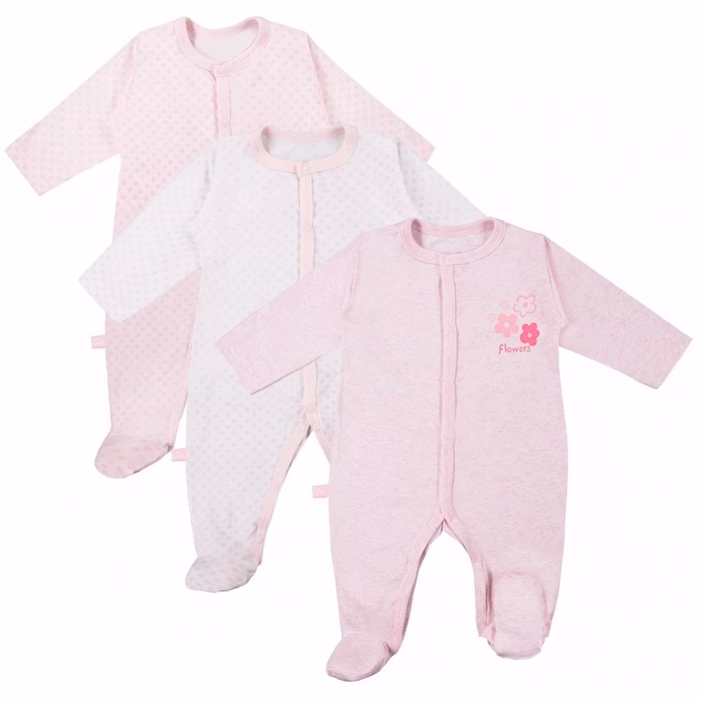 3-pack rosa långärmade sparkdräkter - Tiny Flower