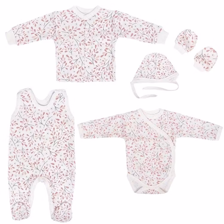 Startpaket i 5 delar med blommor från kollektionen Tokyo. Tröja, body, sparkdräkt, vantar & mössa