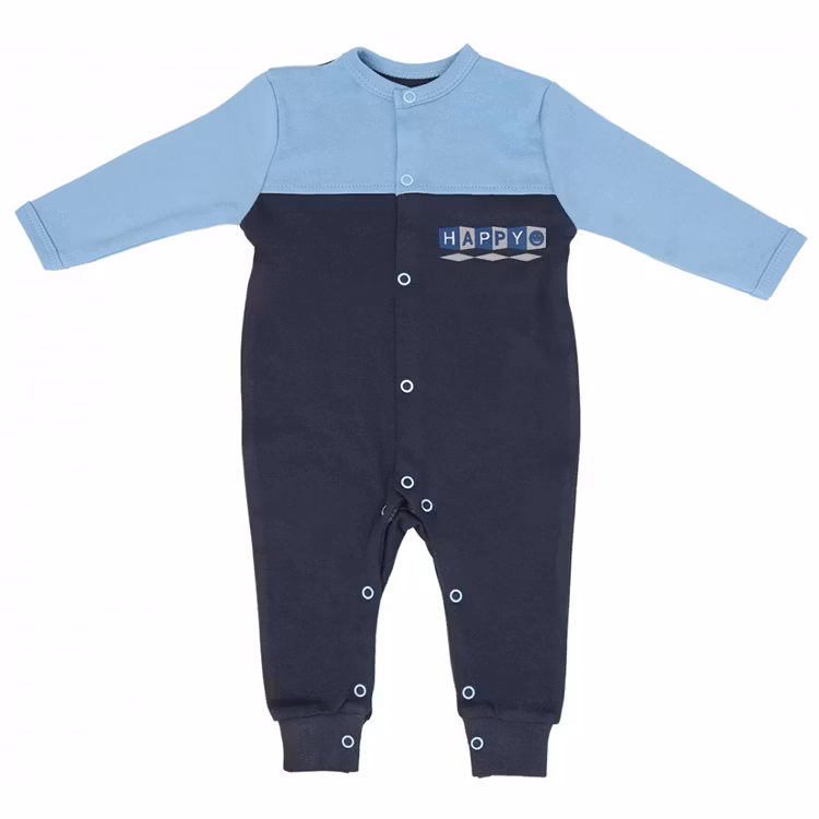 Blå långärmad jumpsuit med texten Happy