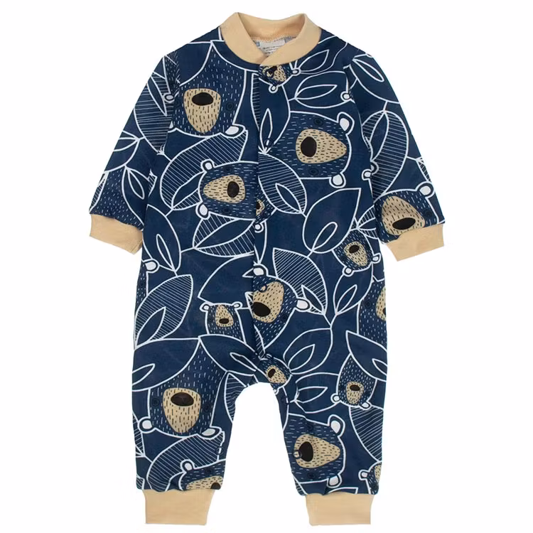 Blå beige mönstrad långärmad jumpsuit med björnar från kollektionen Coca Bear