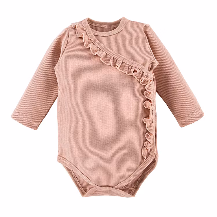 Ribbad beige-rosa omlottbody med volang - Bloom