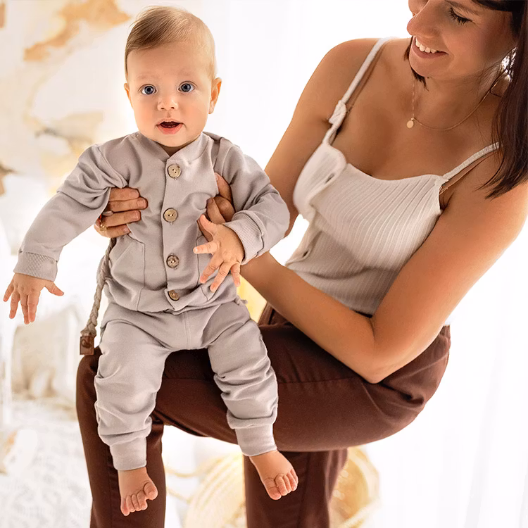 Bebis i Set - Beige Sweatshirt-cardigan och byxa - William
