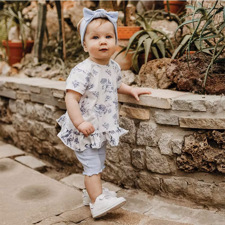 Baby  i 3 delar set- Blommig blus, blå leggins & hårband - Botanic