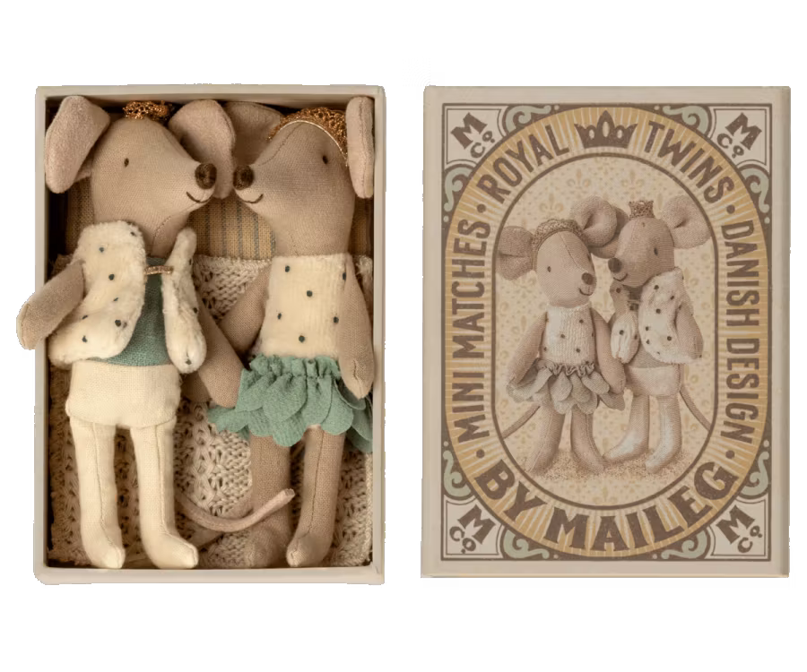 Maileg Royal Twins i Bäddad Ask Blå - Tvillingar Lillebror Prins Lillasyster Prinsessa Mus med Krona