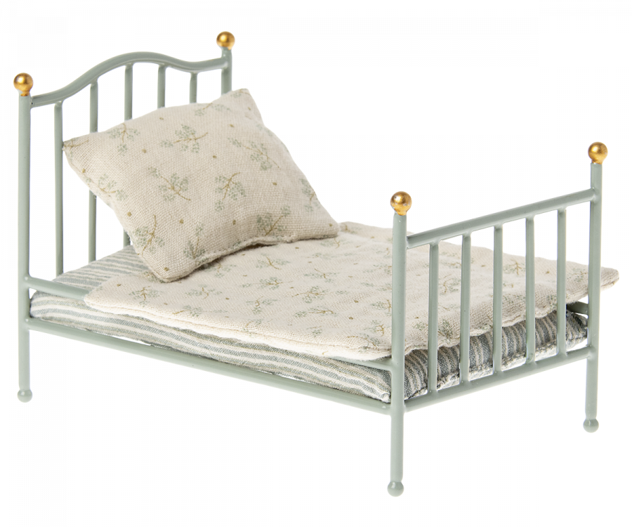 Maileg Säng i Metall Liten Mint Blå - Blå Blommig Bäddning