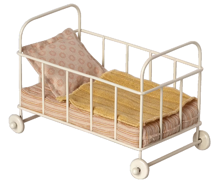 Maileg Spjälsäng i Metall Micro Rosa - Blommig Kudde och Gul Filt