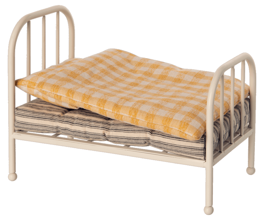 Maileg Säng Vintage med Täcke och Kudde Rutigt Gul - Teddy Junior