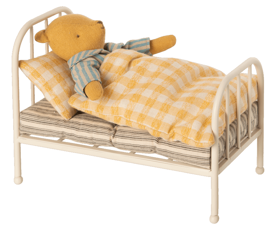 Maileg Säng Vintage med Täcke och Kudde Rutigt Gul - Teddy Junior