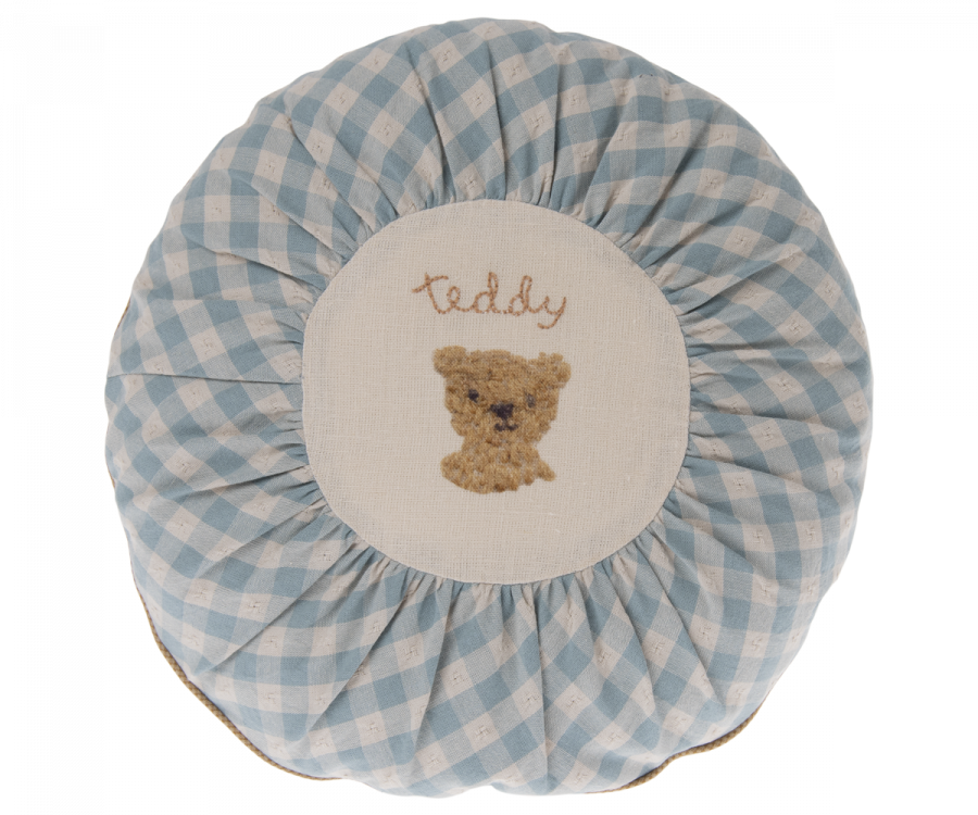 Maileg Rund Kudde Teddy Rutig Blå