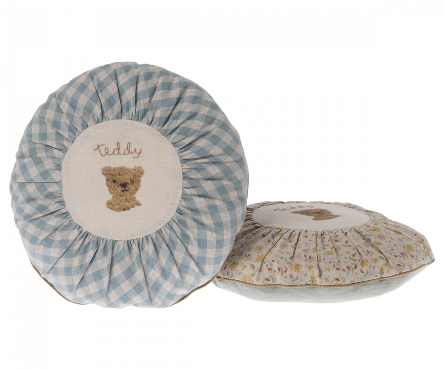 Maileg Rund Kudde Teddy Rutig Blå