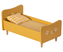 Maileg Stor Säng i Trä Gul - Wooden Bed Teddy Träsäng med Målade Detaljer Blommor