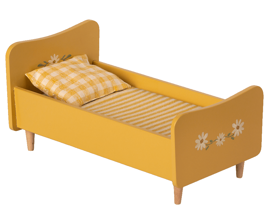 Maileg Stor Säng i Trä Gul - Wooden Bed Teddy Träsäng med Målade Detaljer Blommor