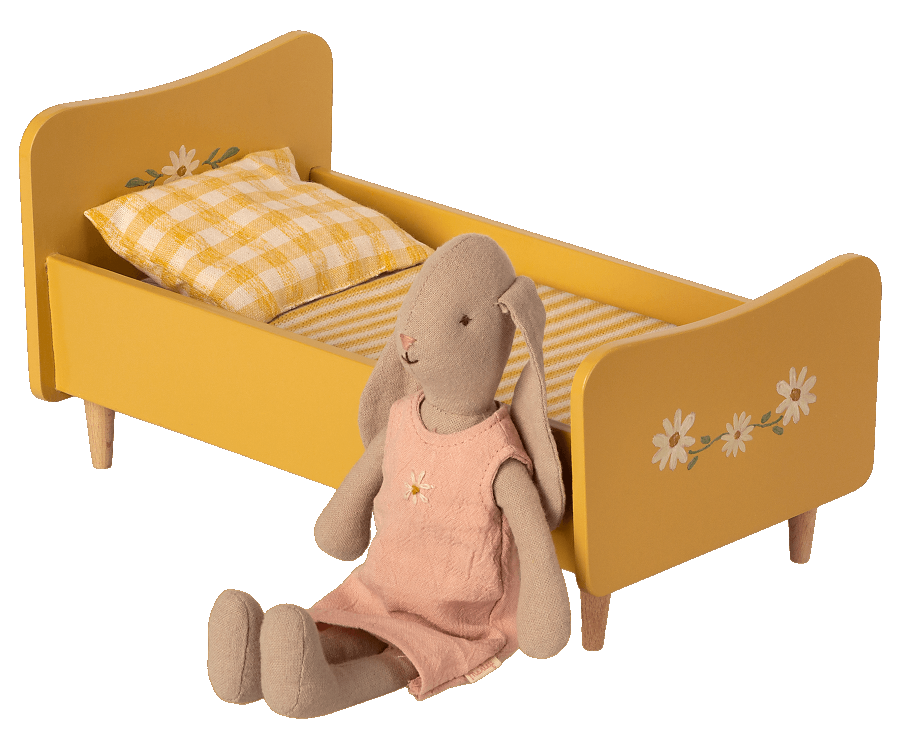 Maileg Stor Säng i Trä Gul - Wooden Bed Teddy Träsäng med Målade Detaljer Blommor