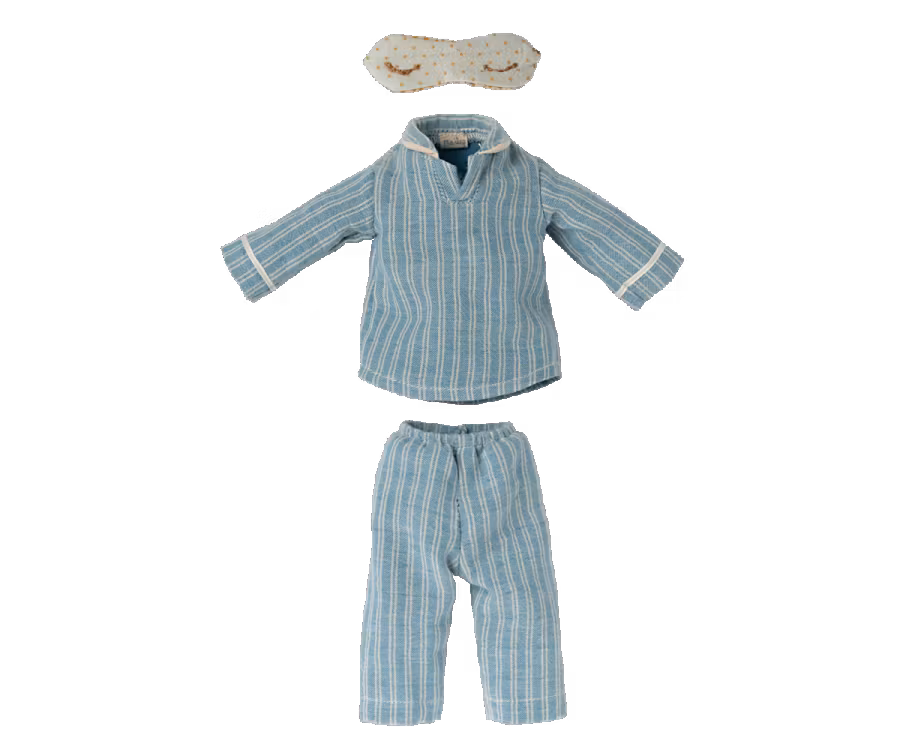 Maileg Pyjamas till Medium Mus - Randig Blå med Sovmask