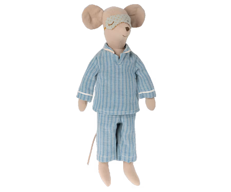Maileg Pyjamas till Medium Mus - Randig Blå med Sovmask