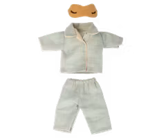 Maileg Pyjamas till Pappa Mus - Blå rutig Pyjamas och Gul Sovmask