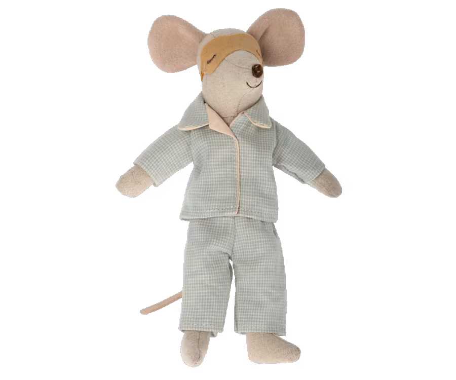 Maileg Pyjamas till Pappa Mus - Blå rutig Pyjamas och Gul Sovmask