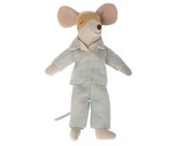 Maileg Pyjamas till Pappa Mus - Blå rutig Pyjamas och Gul Sovmask