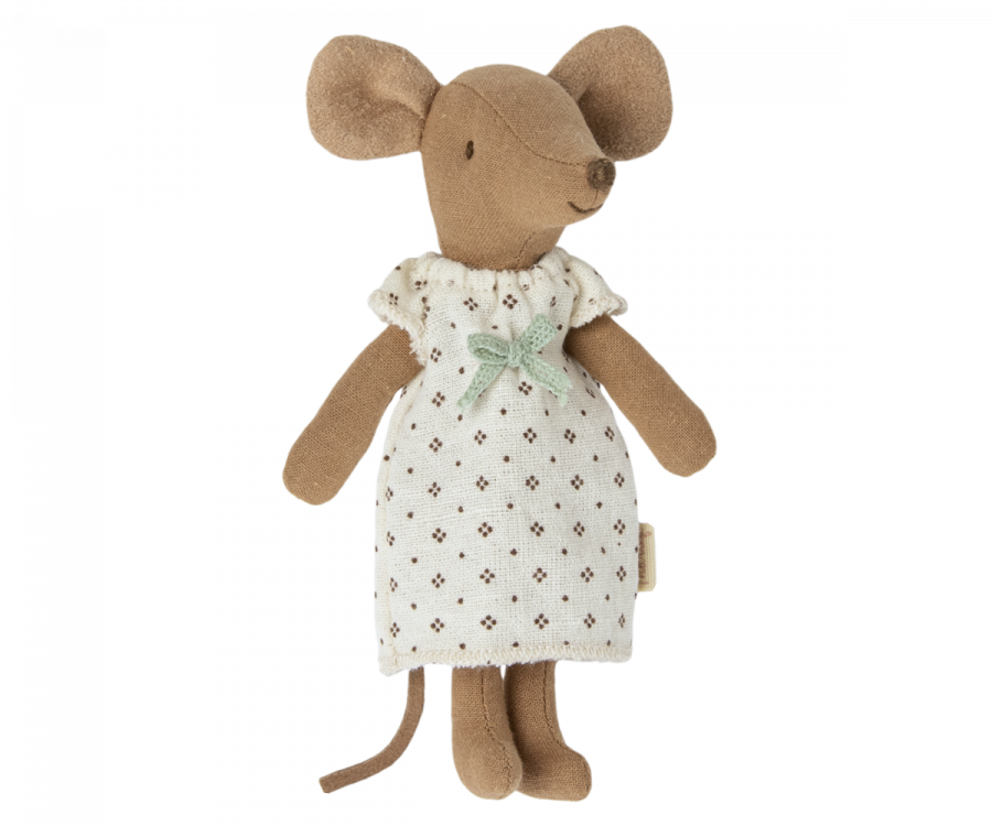 Maileg Storasyster Brun Mus i Bäddad Ask med Blommigt Nattlinne