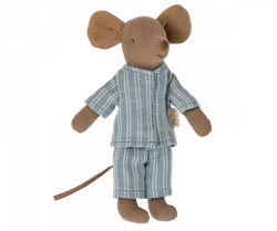 Maileg Storebror Brun Mus i Bäddad Ask med Blå Randig Pyjamas