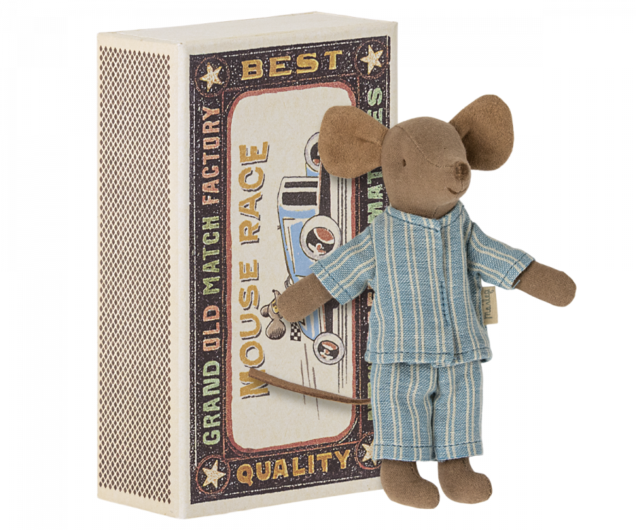Maileg Storebror Brun Mus i Bäddad Ask med Blå Randig Pyjamas