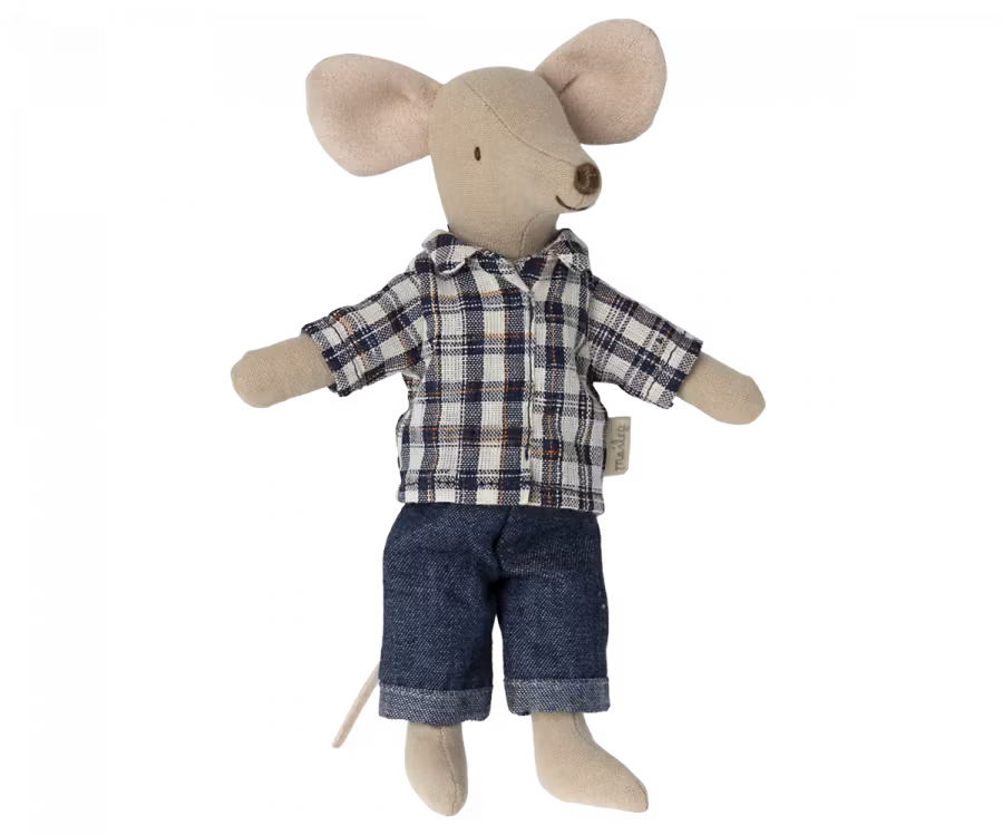 Maileg Pappa Mus med Blå Rutig Skjorta och Jeans