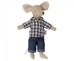 Maileg Pappa Mus med Blå Rutig Skjorta och Jeans