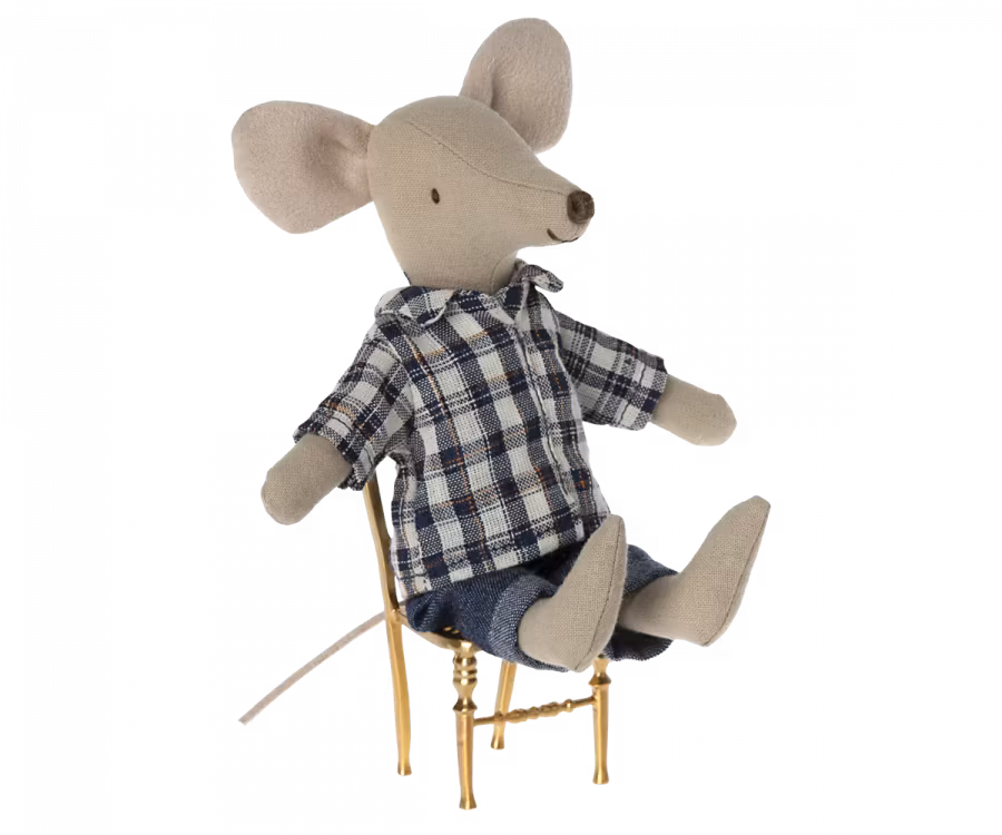 Maileg Pappa Mus med Blå Rutig Skjorta och Jeans