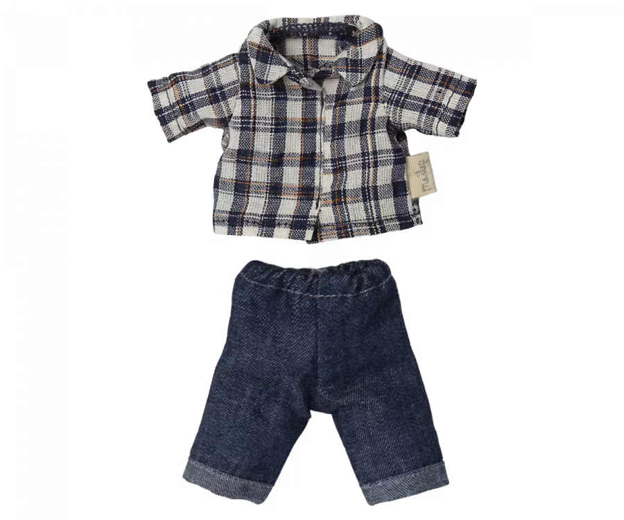 Maileg Pappa Mus med Blå Rutig Skjorta och Jeans