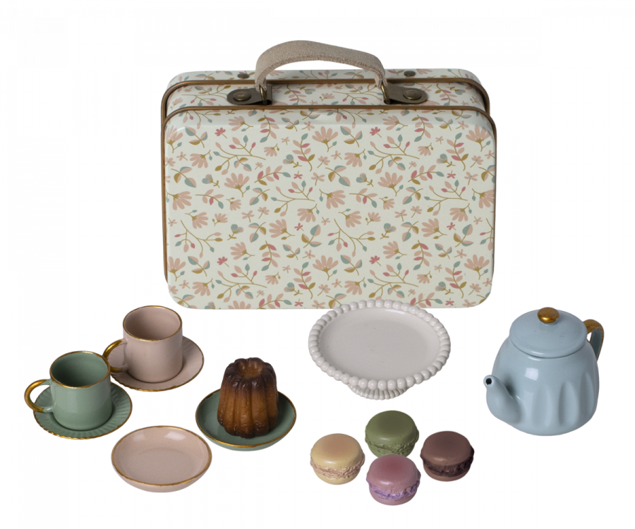 Maileg Teservis i Väska med Tekanna Koppar och Macarons Kakor - Blommigt Merle