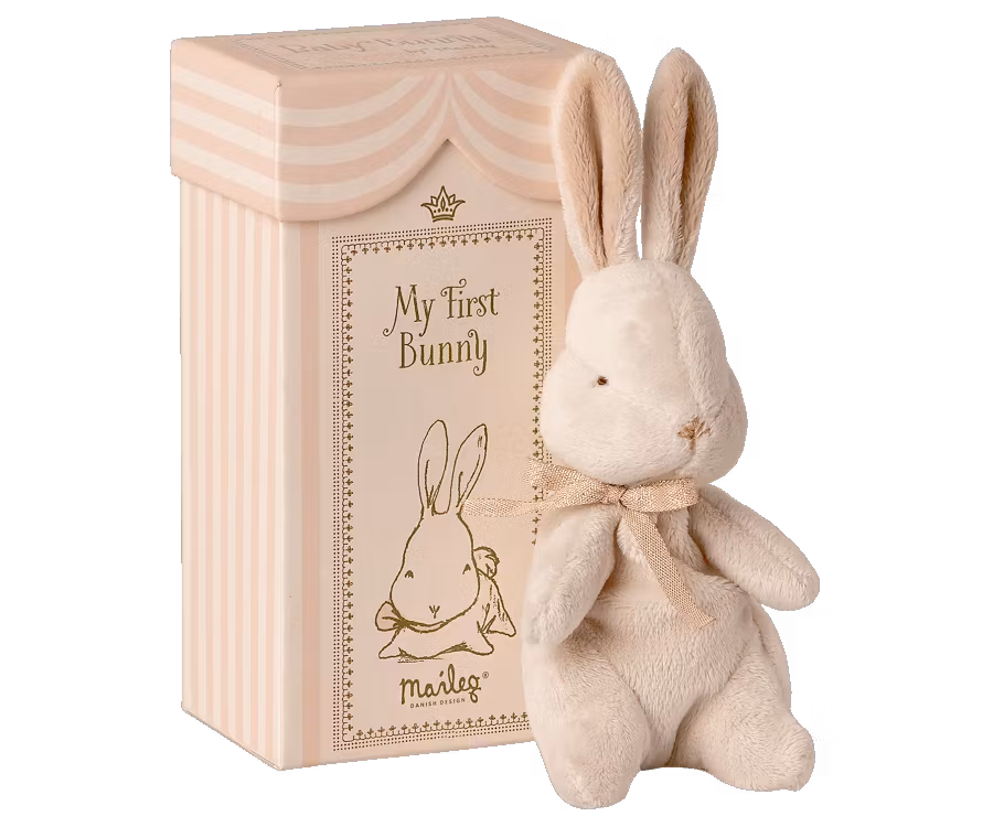 Maileg Min Första Kanin i Ask - Plysch Kanin med Rosett Rosa Present till Nyfödd