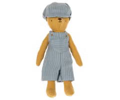 Maileg Kläder till Teddy Junior - Randiga Hängselbyxor och Keps Blå